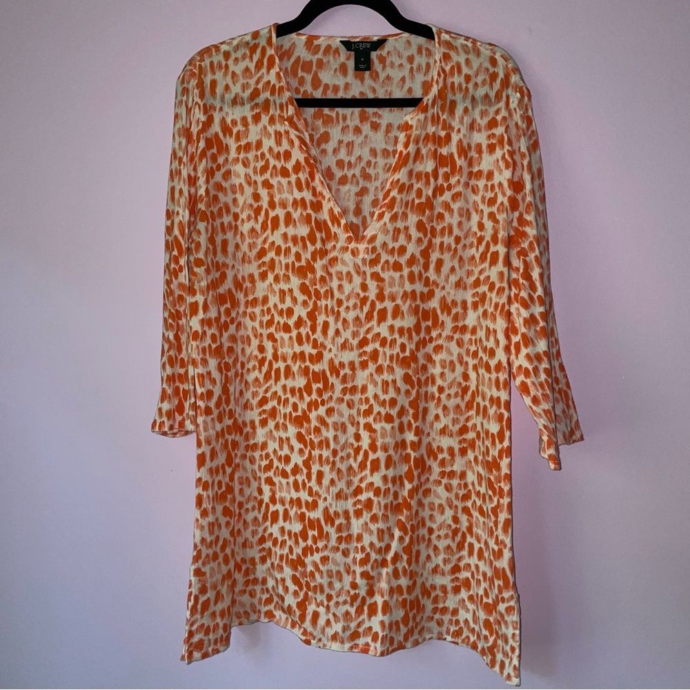 J Crew M Tunic Top 3/4 Sleeve White w Red V Neck